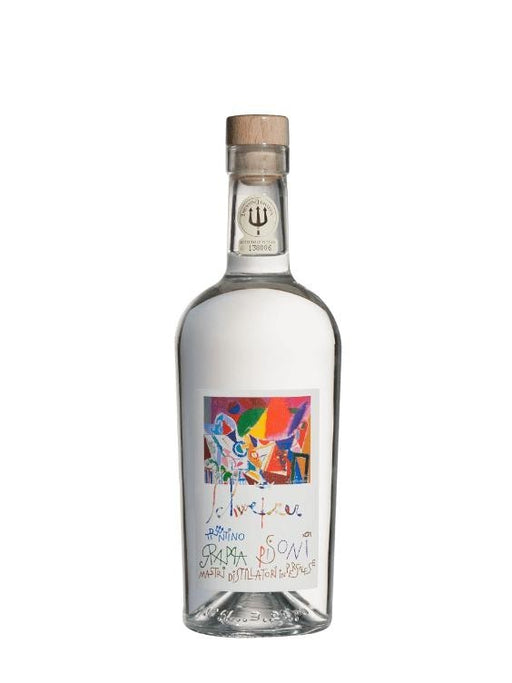 Mein-Weinhandel Pisoni Grappa Trentina Riccardo Schweizer 0,5l Flasche mit buntem Etikett und Holzverschluss