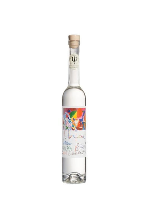 Mein-Weinhandel Pisoni Grappa Trentina Riccardo Schweizer 0,2l Flasche mit buntem Etikett und Holzverschluss