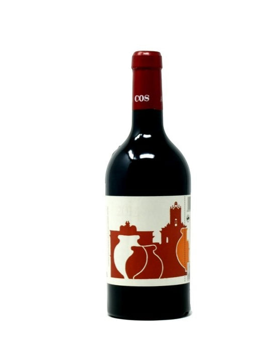 Mein-Weinhandel COS Pithos Rosso DOC 2014 Rotwein in dunkler Glasflasche mit rotem Kapsel und Etikett mit Amphoren-Motiv.