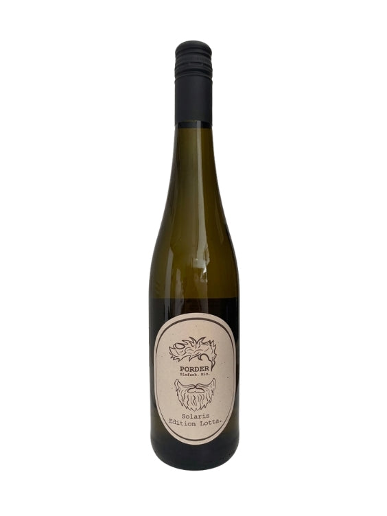 Mein-Weinhandel Porder Solaris 2025 Weißwein in einer eleganten Glasflasche mit modernem Etikett auf weißem Grund.