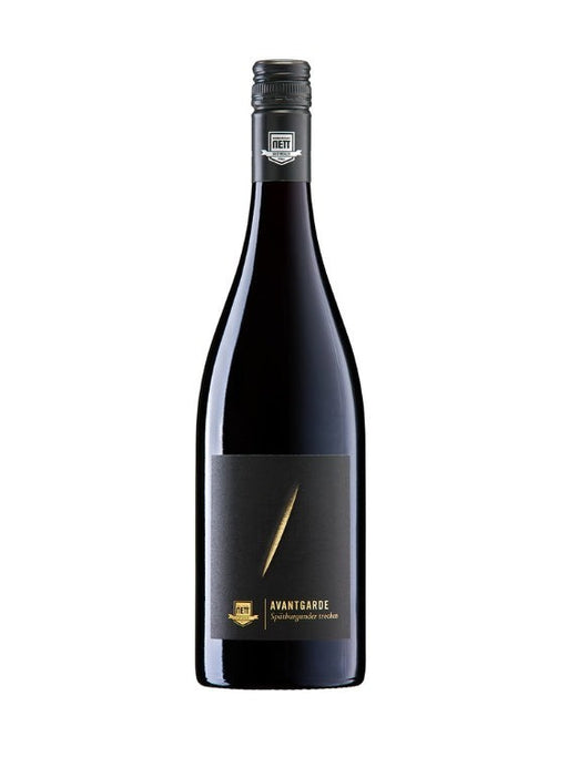 Mein-Weinhandel Bergdolt Reif & Nett Spätburgunder AVANTGARDE 2020 Rotwein in dunkler Glasflasche mit schwarzem Etikett und goldener Linie.