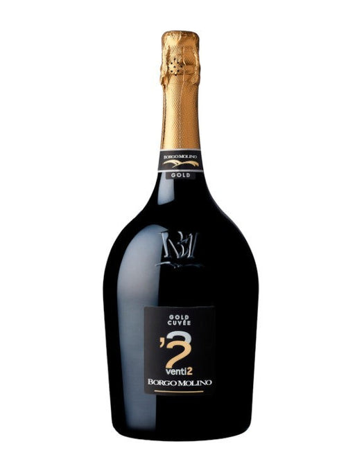 Borgo Molino Spumante Gold Cuvée Venti2 Brut Magnum 1,5L in schwarzer Flasche mit goldener Kapsel und Etikett.