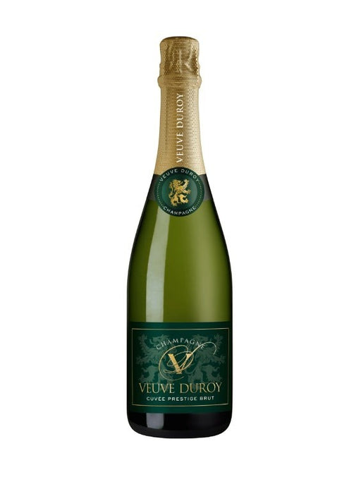 Veuve Duroy Champagne Cuvée Prestige Brut in einer grünen Flasche mit goldener Kapsel und dunkelgrünem Etikett mit goldener Schrift.