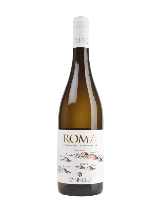 Vini Vannelli ROMA Bianco D.O.C. 2024 Weißwein in Glasflasche mit weißem Etikett und detaillierter Karte von Rom
