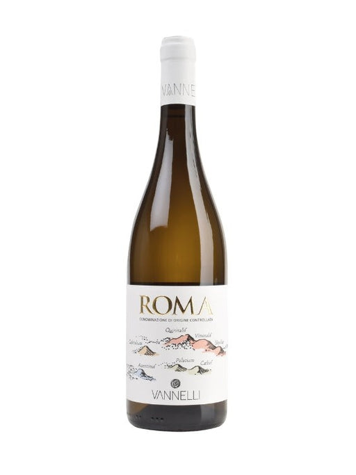 Vini Vannelli ROMA Bianco D.O.C. 2024 Weißwein in Glasflasche mit weißem Etikett und detaillierter Karte von Rom