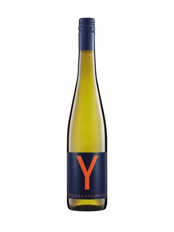 Mein-Weinhandel Y-Wine Weissburgunder 2025 in einer eleganten Weinflasche mit modernem blauem Etikett und Y-Logo