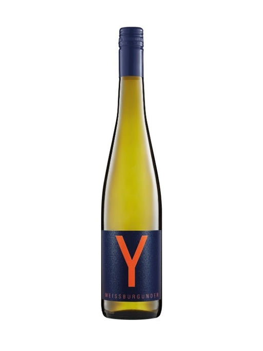 Mein-Weinhandel Y-Wine Weissburgunder 2025 in einer eleganten Weinflasche mit modernem blauem Etikett und Y-Logo