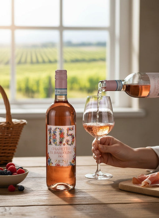 Mein-Weinhandel ZENI Bardolino Chiaretto Classico DOC 2025 Roséwein wird in ein Glas gegossen, mit Beeren und Schinken.