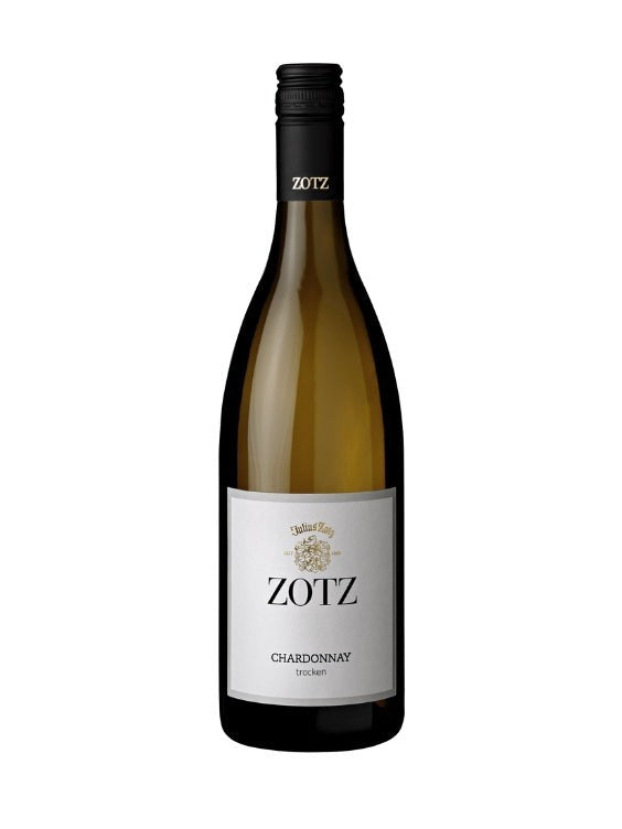 Mein-Weinhandel ZOTZ Chardonnay 2024 trockener Weißwein in Glasflasche mit schwarzem Verschluss und hellem Etikett.