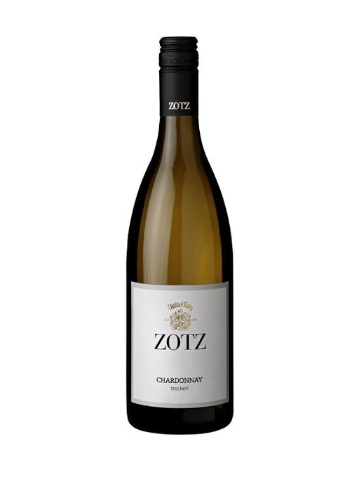 Mein-Weinhandel ZOTZ Chardonnay 2024 trockener Weißwein in Glasflasche mit schwarzem Verschluss und hellem Etikett.